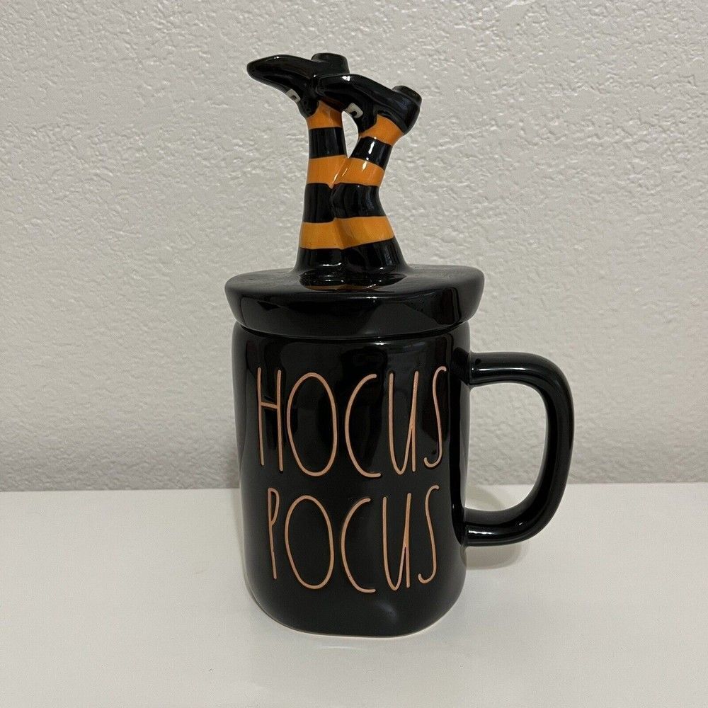 Rae Dunn Halloween HOCUS POCUS Black Coffee Mug with Witch Legs Topper Lid
